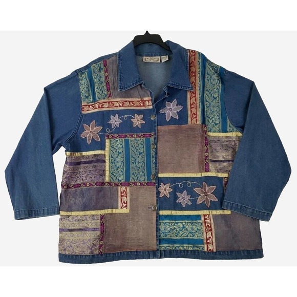 VTG New Direction~Woman Plus Size 3X~Blue Denim Jean Jacket Fun Theme Embroidery - Picture 1 of 14